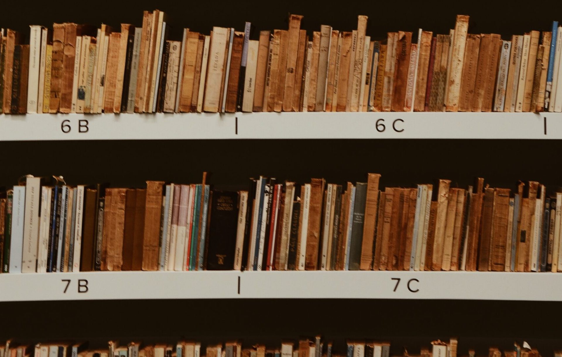 Photo of a metal bookshelf filled with old and worn books.