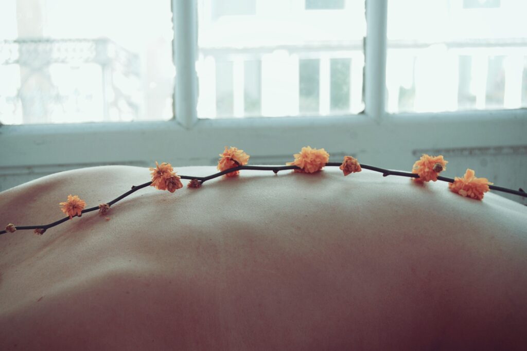 Photograph of a flowering twig lying on a person's bare back.